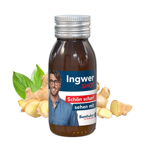 Bio ingverjev shot z vašim tiskom, 60 ml – primer personalizacije