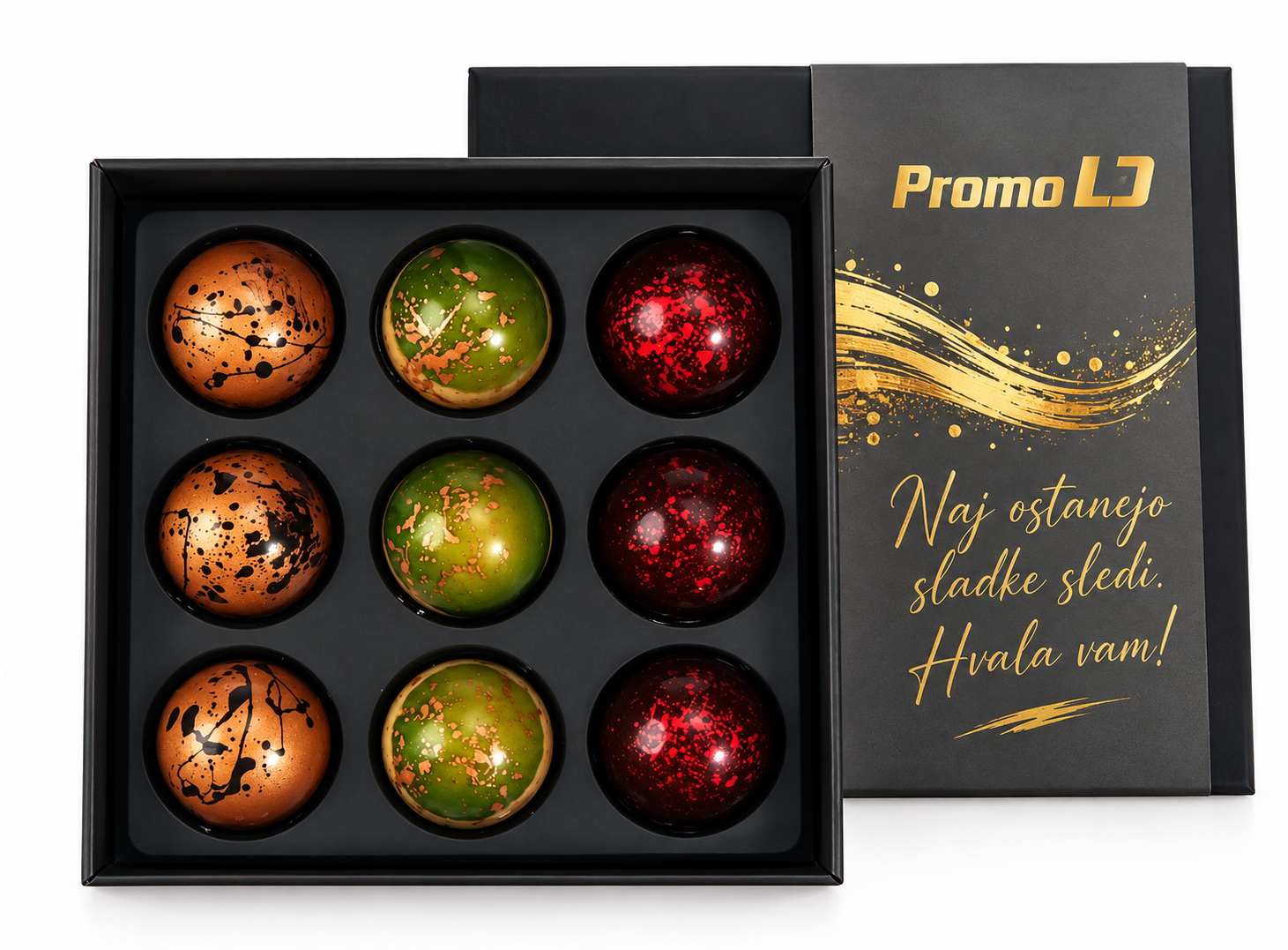 Devet čokoladnih pralinov v darilni škatli s personaliziranim ovojem Promo LD